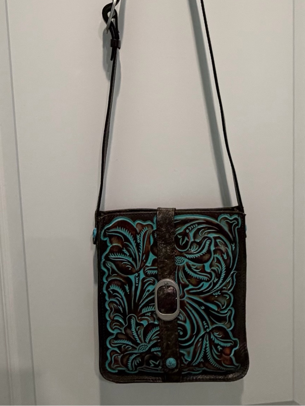 Patricia Nash Venezia Crossbody Bag in Brown & Turquoise Hand Tooled Leather